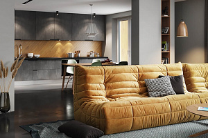 Желтый яркий диван ДеФранс для гостиной, для студии, на заказ любого размера от Гливер, доставка по России